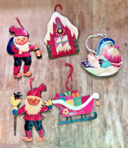 5 PC Handmade Wood Shaving Gnomes Cottage Sled Bird Christmas Ornaments - $12.38