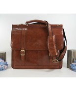 Mangini Cognac Vintage Leather Briefcase Messenger Crossbody Bag - $123.74