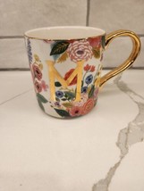 Rifle Paper Co. Anthropologie Garden Party &quot;M&quot; Gold Monogram Initial Floral Mug  - £14.33 GBP