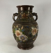 Antique Japanese Cloisonne Bronze Vase Butterflies &amp; Flowers Elephant Handles - £128.37 GBP