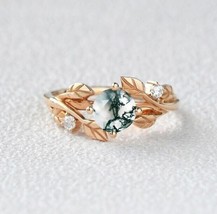 Nature Inspired Natural Moss Agate Ring Alternative Engagement Ring, Leaf Ring - £59.36 GBP