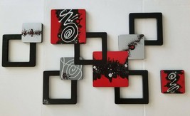 3pc Abstract Modern Wall Sculpture, Red Black Squares wood wall art  36x19 Art69 - £126.31 GBP