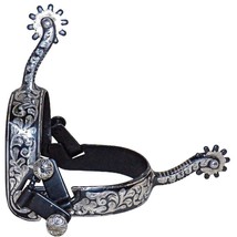 Engraved Floral Black Steel Offset Spurs with German Silver Trim 10 Point Rowel - $158.80