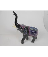 Hand Painted Clay Elephant With Tusks Black Pink Purple Trunk UP - $8.60