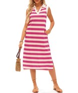 Women’s Striped Sleeveless V-Neck Maxi Dress with Pockets – Casual Beach... - $49.37 CAD