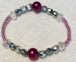 Hand Crafted Bracelet Rose Pink Silver Clear Glass Beads Stretch #16 - £4.60 GBP