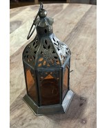 VTG Metal Hexagon Lantern with Orange Glass Candle-Tea Lights-Moroccan - $26.60 CAD