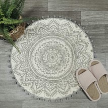 Uphome Small Round Rug 2’ Boho Beige And Grey Bathroom Rug With Pom Poms Fringe - $31.94