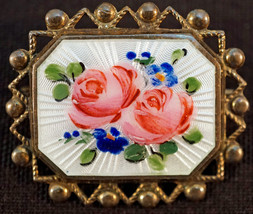 Guilloche Enamel &amp; Sterling Silver Brooch / Pin with Painted Rose David Andersen - £51.79 GBP