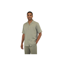 Men 2pc Walking Leisure Suit Short Sleeves DREAMS Plaid Satin 253-04 Sage Green image 4
