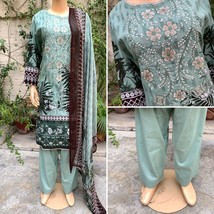 Pakistani Sage Green Printed Straight Shirt 3-PCS Lawn Suit w/ Threadwork ,XL - £39.84 GBP