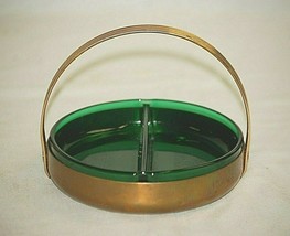 Vintage Green Depression Glass Divided Candy Dish Bowl w Metal Handled C... - $24.74