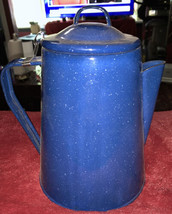 Vintage Enamel Graniteware Blue Metal Coffee Pot Speckled Large - $29.58