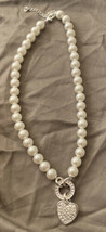 Necklace 14” To 16” White Beads With Heart Charm W/ Clear Crystals - £5.15 GBP