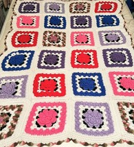 Handmade Afghan Crochet 3D Flowers Granny Square Throw 48”x68” White Multi Color - £32.65 GBP