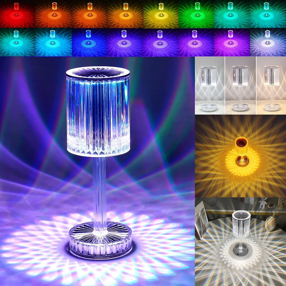 Rechargeable 3D Diamond Crystal Table Lamp Touch RGB Color Changing Bedside - $22.32+