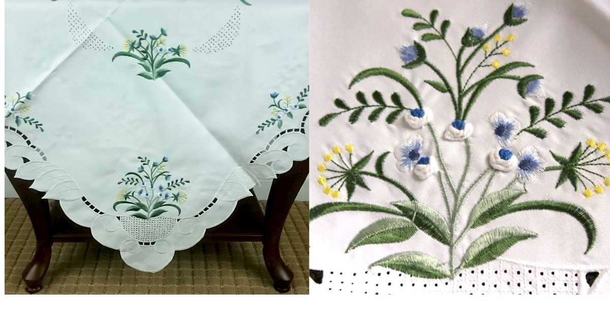 33&quot; Tablecloth Ivory Embroidery Blue Rosebud Yellow Flower Embroidered  - $30.99