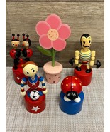 Vintage Lot of 5 Wooden Wood Push Puppet Thumb Button Collapsible Figures! - £28.92 GBP