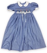 Handmade Girl’s Smocked Dress Blue Gingham Short Sleeve Pan Collar Snowm... - £19.11 GBP