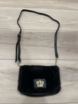 Juicy Couture Black Faux Fur Holiday Flap Crossbody Gold Tone Crown Y2K - $34.65