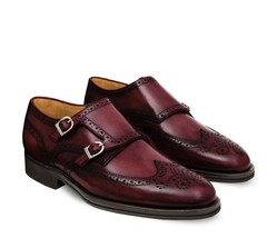 New Monk Handmade Leather Wine Burgundy color Wing Tip Brogue Shoe For M... - £124.38 GBP