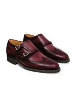 New Monk Handmade Leather Wine Burgundy color Wing Tip Brogue Shoe For M... - £125.07 GBP