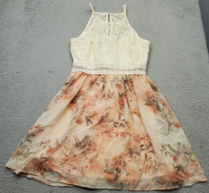 By &amp; BY Mini Dress Girls 11 Cream Pink Lace Floral Sleeveless Halter Bac... - $28.39