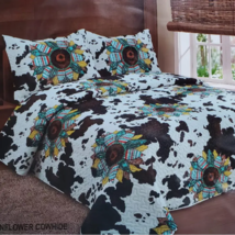 NEW Southwest Style Boho Sunflower Cow Skin Printed KING Quilt Set Yellowstone - £69.74 GBP