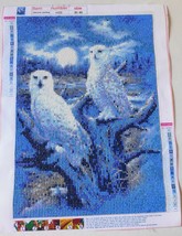 Diamond Art Painting Completed Handmade Snow Owls Moon Tree Canvas 12” X 16&quot; - £29.56 GBP