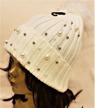 Adrienne Landau Pom Beanie Rhinestone Jeweled Hat Size-OS White - £32.16 GBP