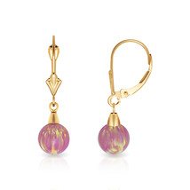 6 mm Ball Shaped Pink Fire Opal Leverback Dangle Earrings 14K Yellow Gold - £73.66 GBP