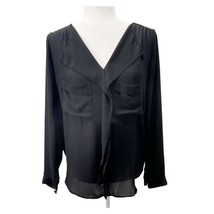 Zara Black Ruffle Work Blouse Small V-Neck Long Sleeve Front Pockets Fem... - $14.99