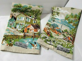 Nos Parisian Prints 2 Vtg. Linen Towels Aqua Green Orange Scenic Country Water - £27.21 GBP