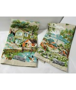 NOS PARISIAN PRINTS 2 Vtg. Linen Towels Aqua Green Orange Scenic Country... - £27.15 GBP