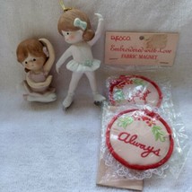 1980&#39;s Enesco, Baby Ballarina, Ice Skater ornament, two fabric magnets - $25.00