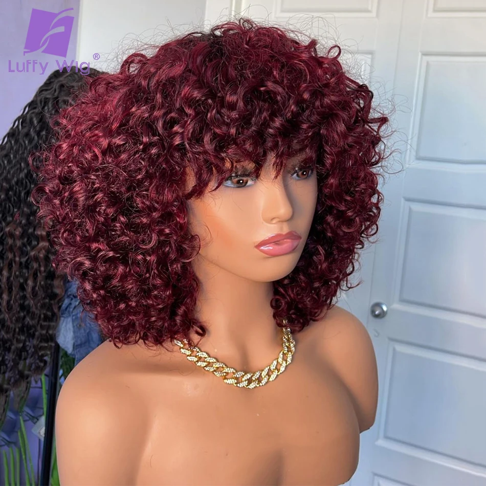 Glueless Short Kinky Curly Wigs with Bangs 99J Red Burgundy Color 200 Density - £94.82 GBP+