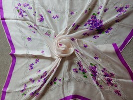 Vtg White Purple Umbrellas Floral Silk Scarf 31 - 32&quot; Head Neck Business Lady - £17.08 GBP