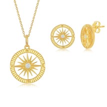 Sterling Silver Gold Plated CZ Compass Pendant &amp; Earrings Set W/Chain - $80.74