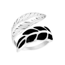 Loving Nature Black Onyx Leaf Wrap Sterling Silver Ring - £14.39 GBP