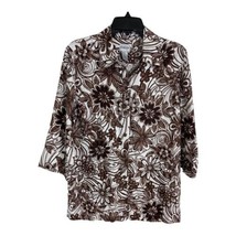 Chicos Womens Shirt Adult Size 1= Medium Brown White Floral Button 100% Linen - £21.77 GBP