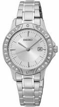 NEW Seiko SUR879 Women&#39;s Crystal Bezel Silver-Tone Stainless Steel Quartz Watch - £70.61 GBP