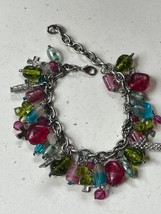 Loaded Silvertone Oval Chain w Aqua Pink Green Fused Art Glass &amp; Openwork CROSS - £11.18 GBP