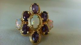 4.35Ct Oval Amethyst &amp; Fire Opal 14k Yellow Gold Over Ring Cluster Style Ring - £81.85 GBP
