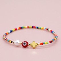 Natural Pearl Charmful Christian Cross and Evil Eye Beaded Colorful Bracelets fo - £13.99 GBP