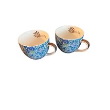 2 Lilly Pulitzer XX Gold With Blue Floral 3 1/4&quot; Tall Coffee Tea Cup Mugs Set - £14.99 GBP