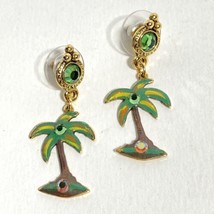 Palm Trees Enamel Rhinestones Dangle Earrings Tropical Green Gold Tone Pierced - £10.35 GBP