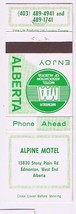 Matchbook Cover Alpine Motel West End Edmonton Alberta - £1.47 GBP