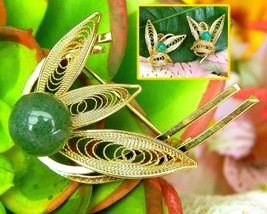 Vintage Filigree Leaf Brooch Earrings Set Gold Faux Jade Green Japan - £21.51 GBP