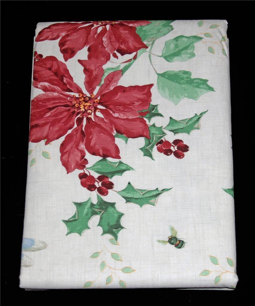 Lenox Poinsettias Holly Berries Vinyl Flannel Back Rectangle 60 x 102 Ta... - $26.99