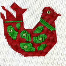 Finished Cross Stitch Red Partridge with Green Accents on White Circle 6... - $12.55